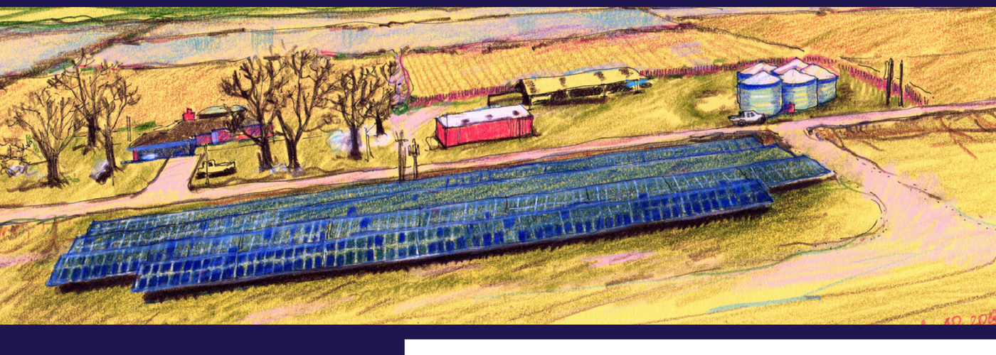 Hand-drawn rendering of Isbell Farms rice fields with REAP-funded solar array in England, Arkansas